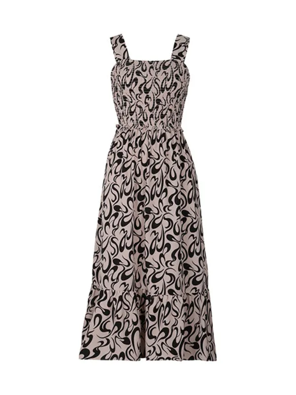 A-Line Cami Midi Dress in Geo Print with Smocked Bodice