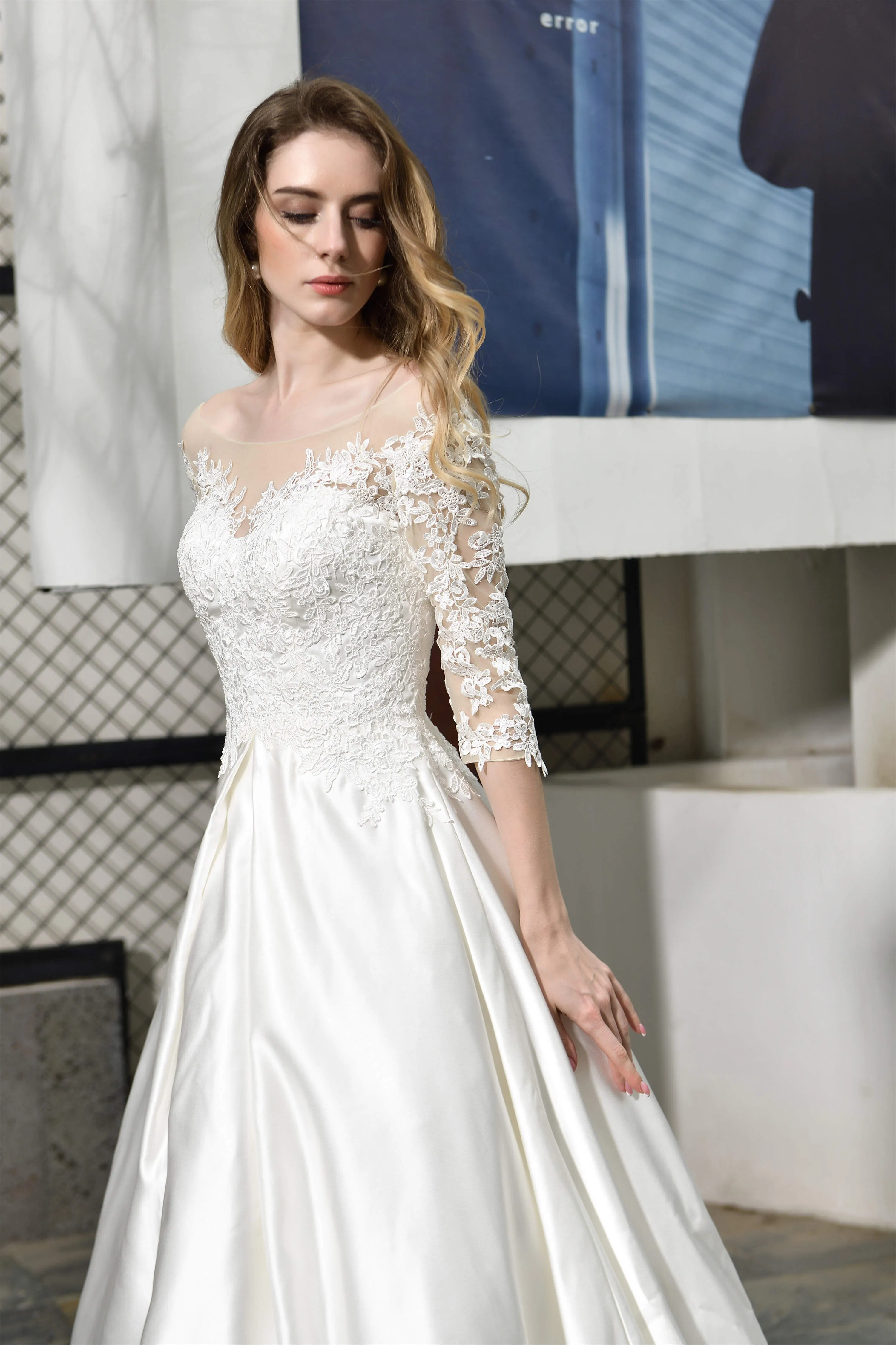 A-Line Satin Lace 3/4 Sleeves Ankle Length Wedding Dresses