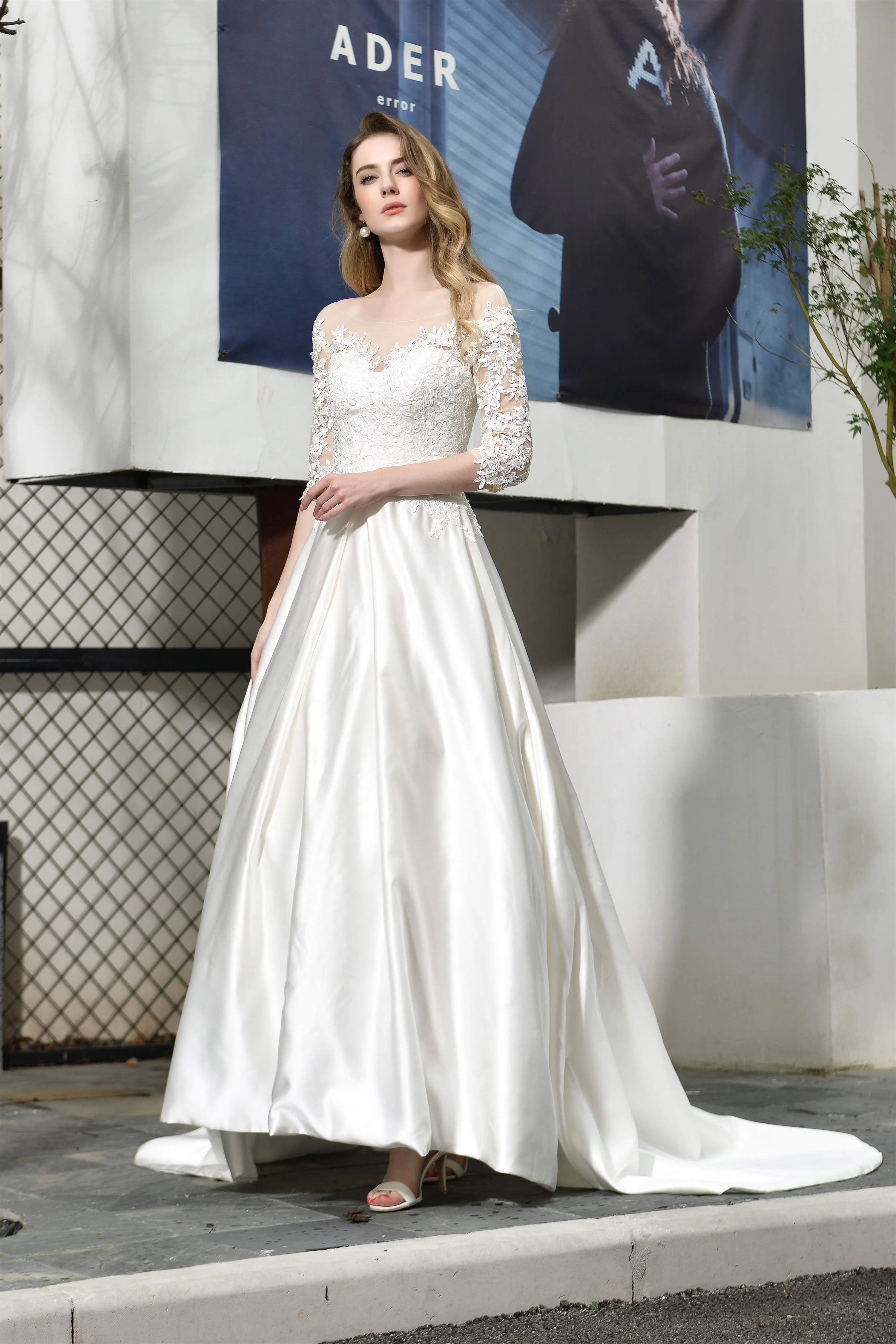 A-Line Satin Lace 3/4 Sleeves Ankle Length Wedding Dresses