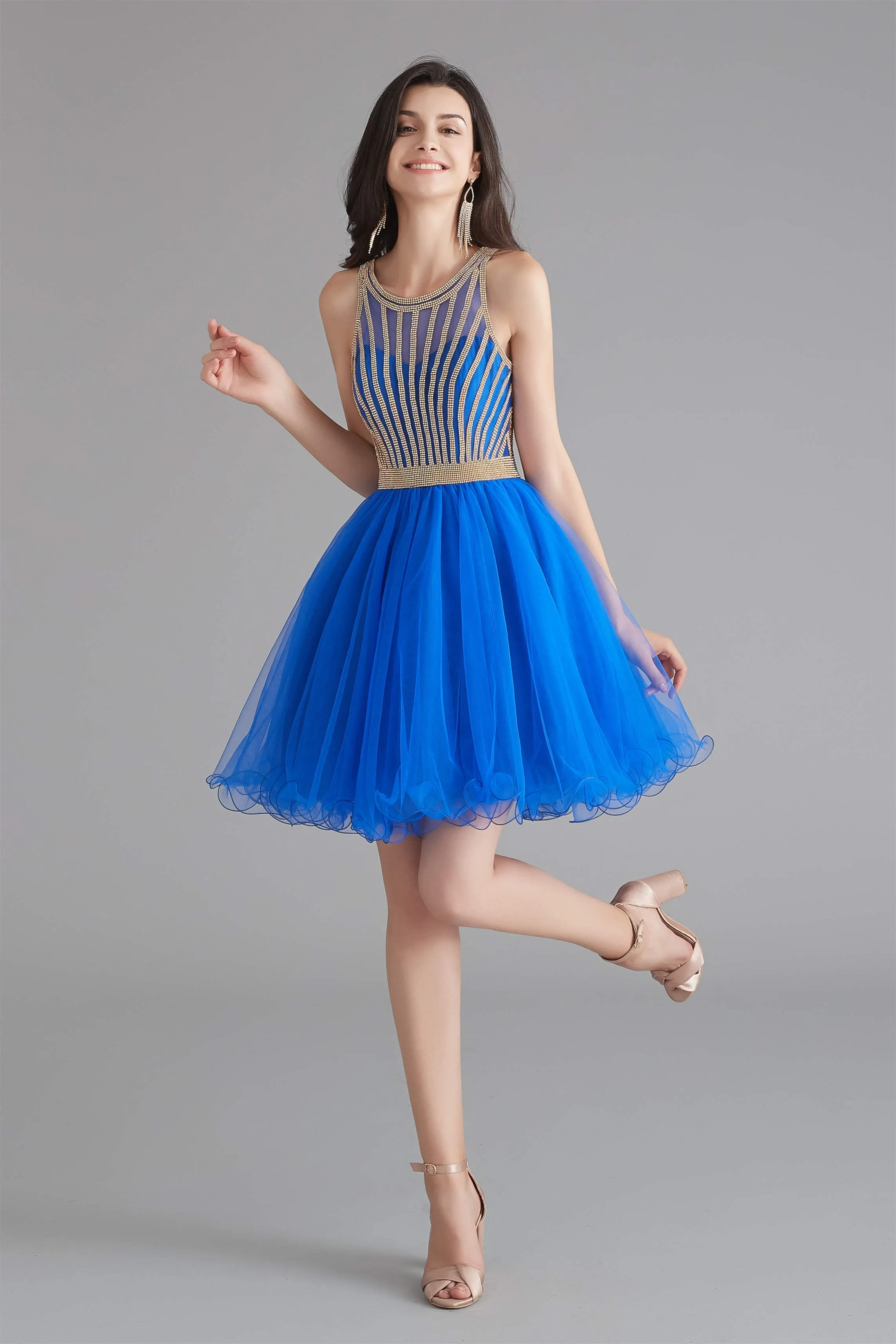 A-Line Tulle Sleeveless Beading Homecoming Dresses