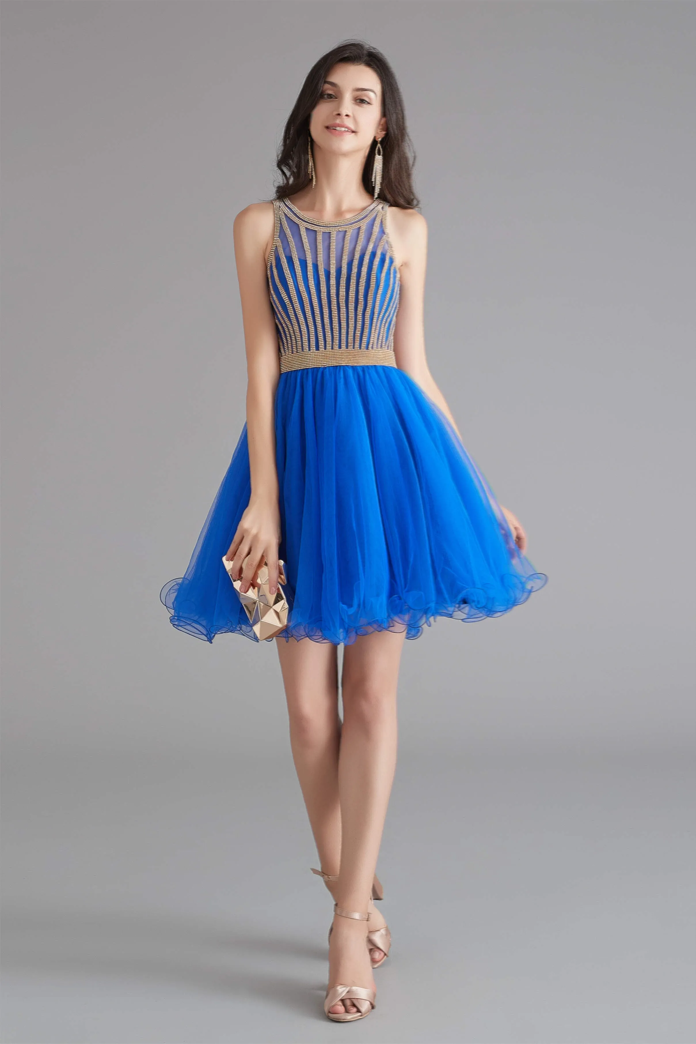 A-Line Tulle Sleeveless Beading Homecoming Dresses