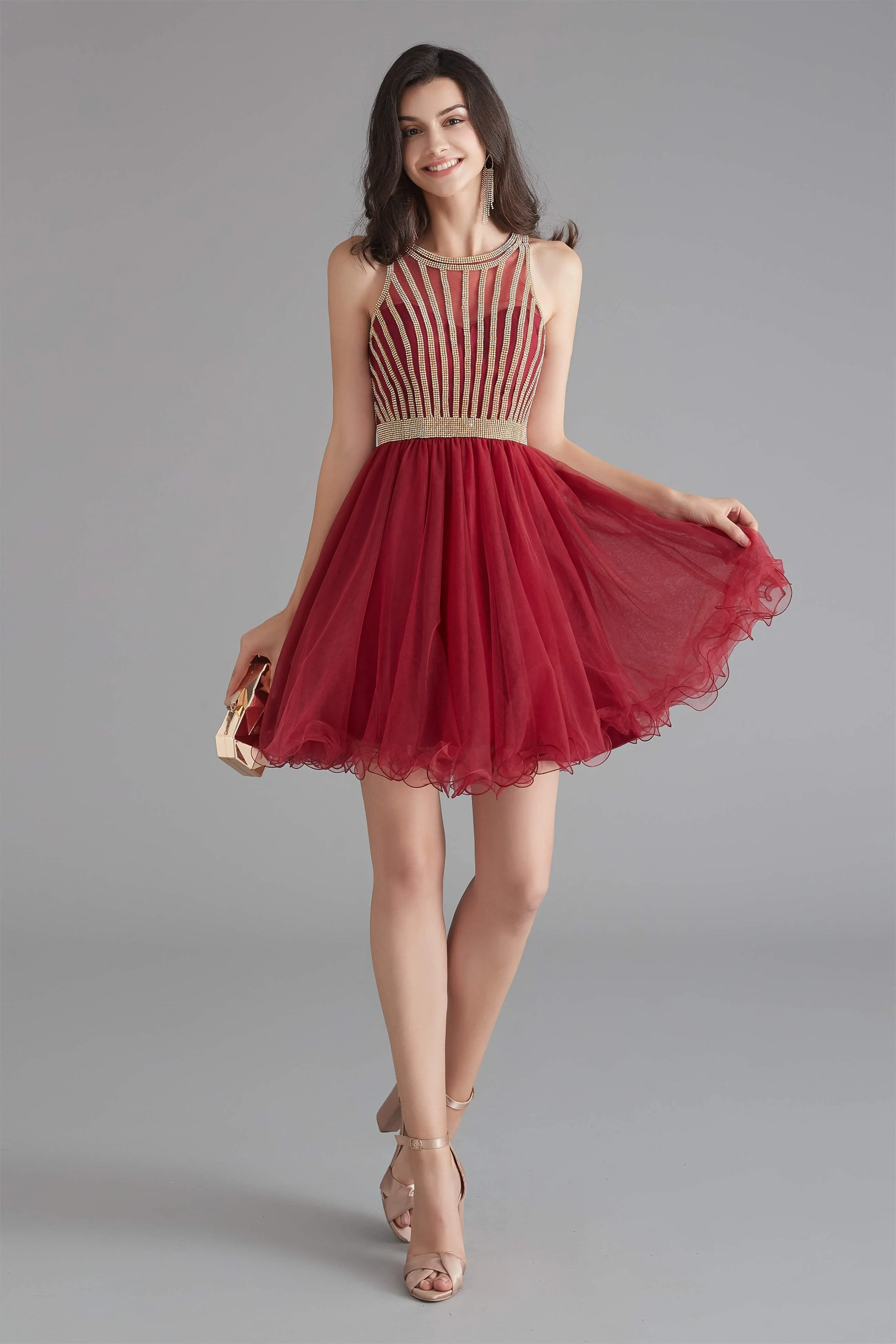 A-Line Tulle Sleeveless Beading Homecoming Dresses