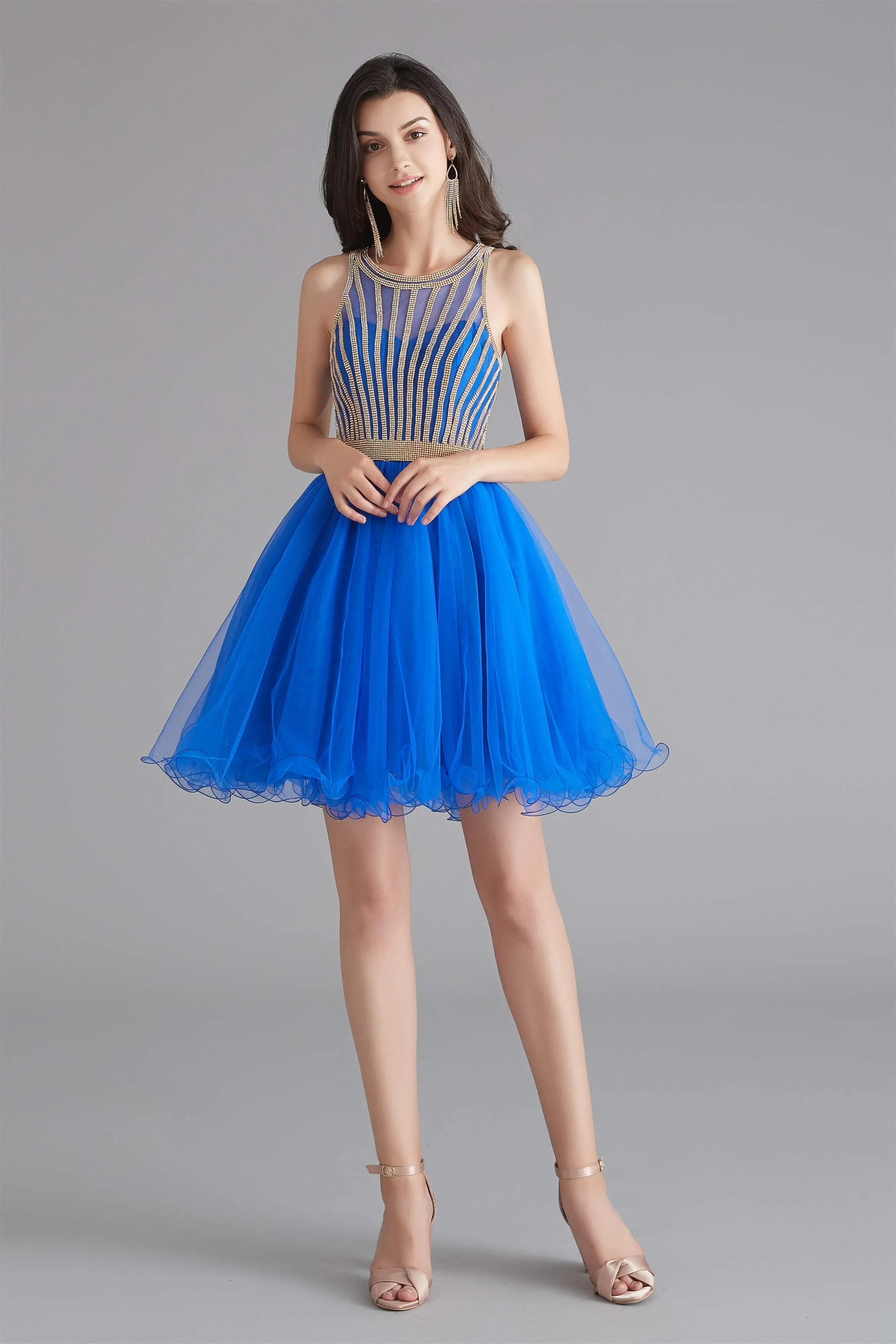 A-Line Tulle Sleeveless Beading Homecoming Dresses