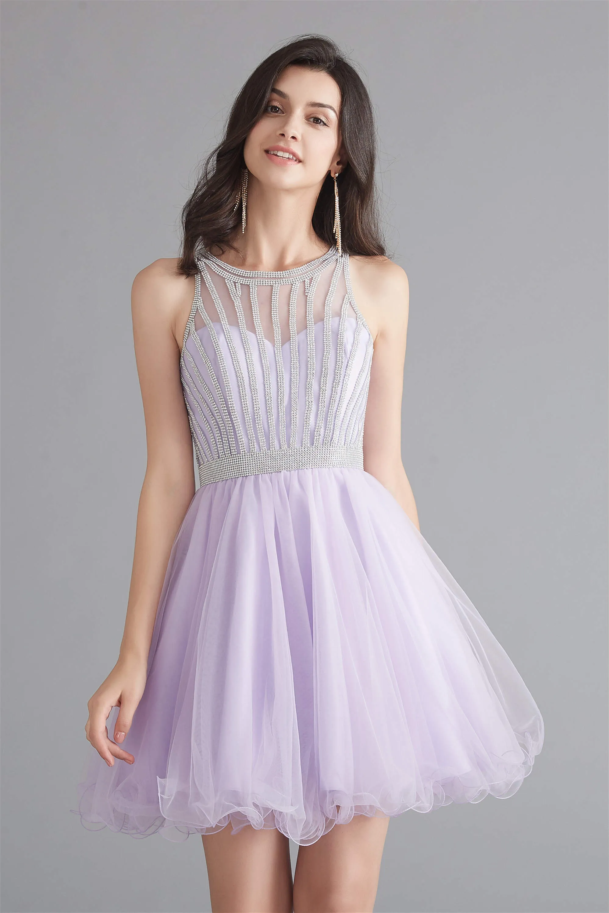 A-Line Tulle Sleeveless Beading Homecoming Dresses