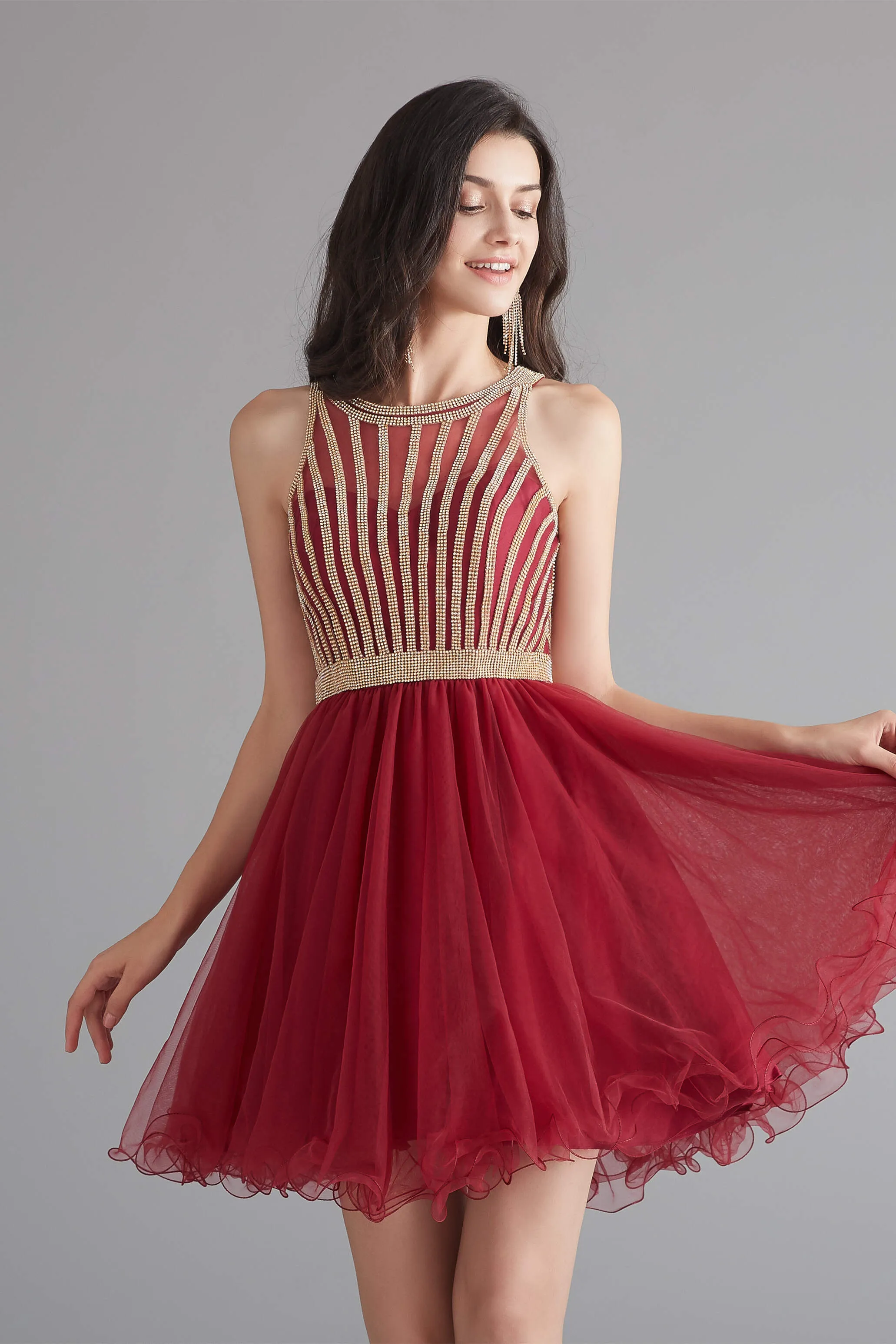 A-Line Tulle Sleeveless Beading Homecoming Dresses