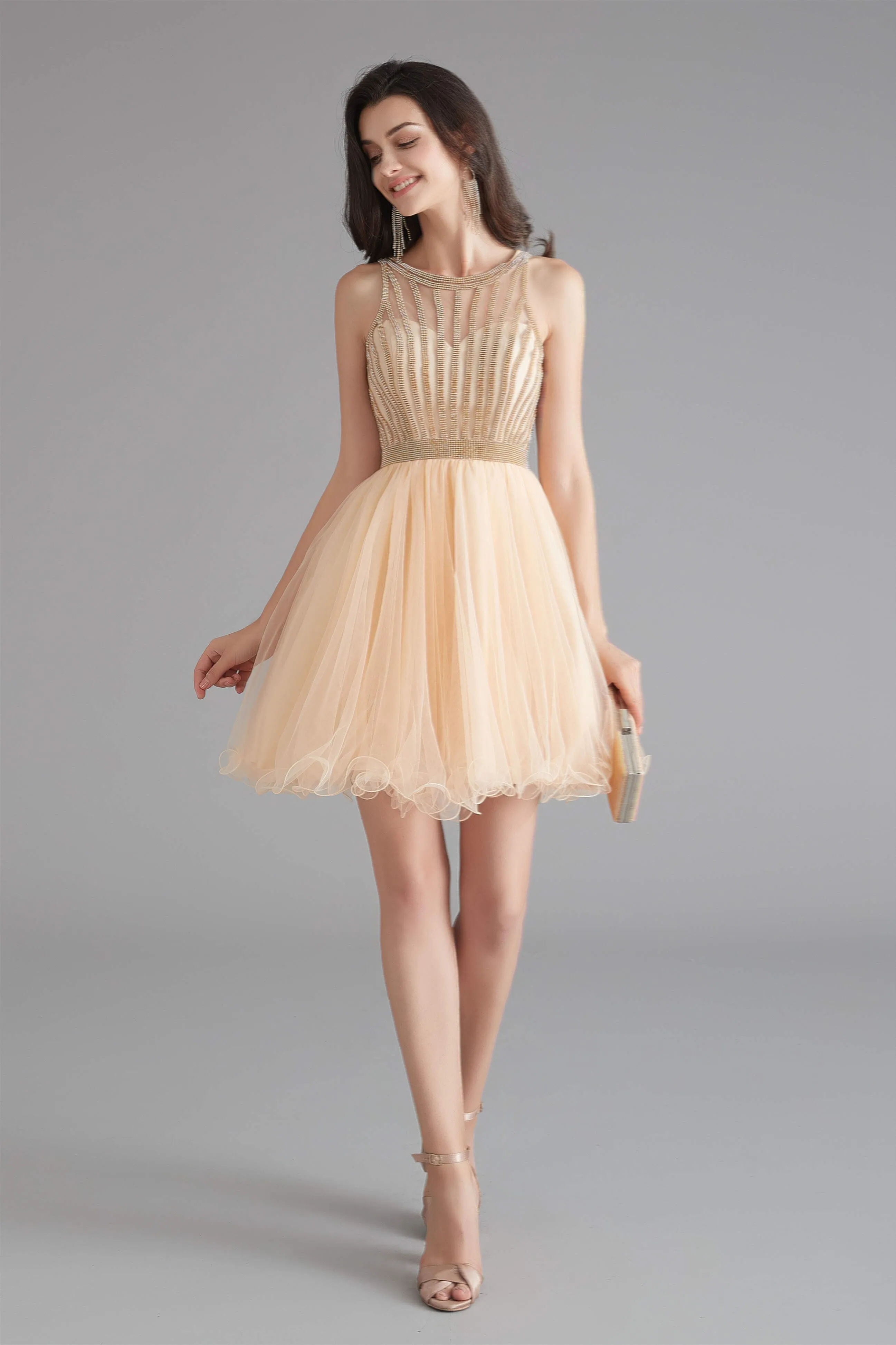 A-Line Tulle Sleeveless Beading Homecoming Dresses