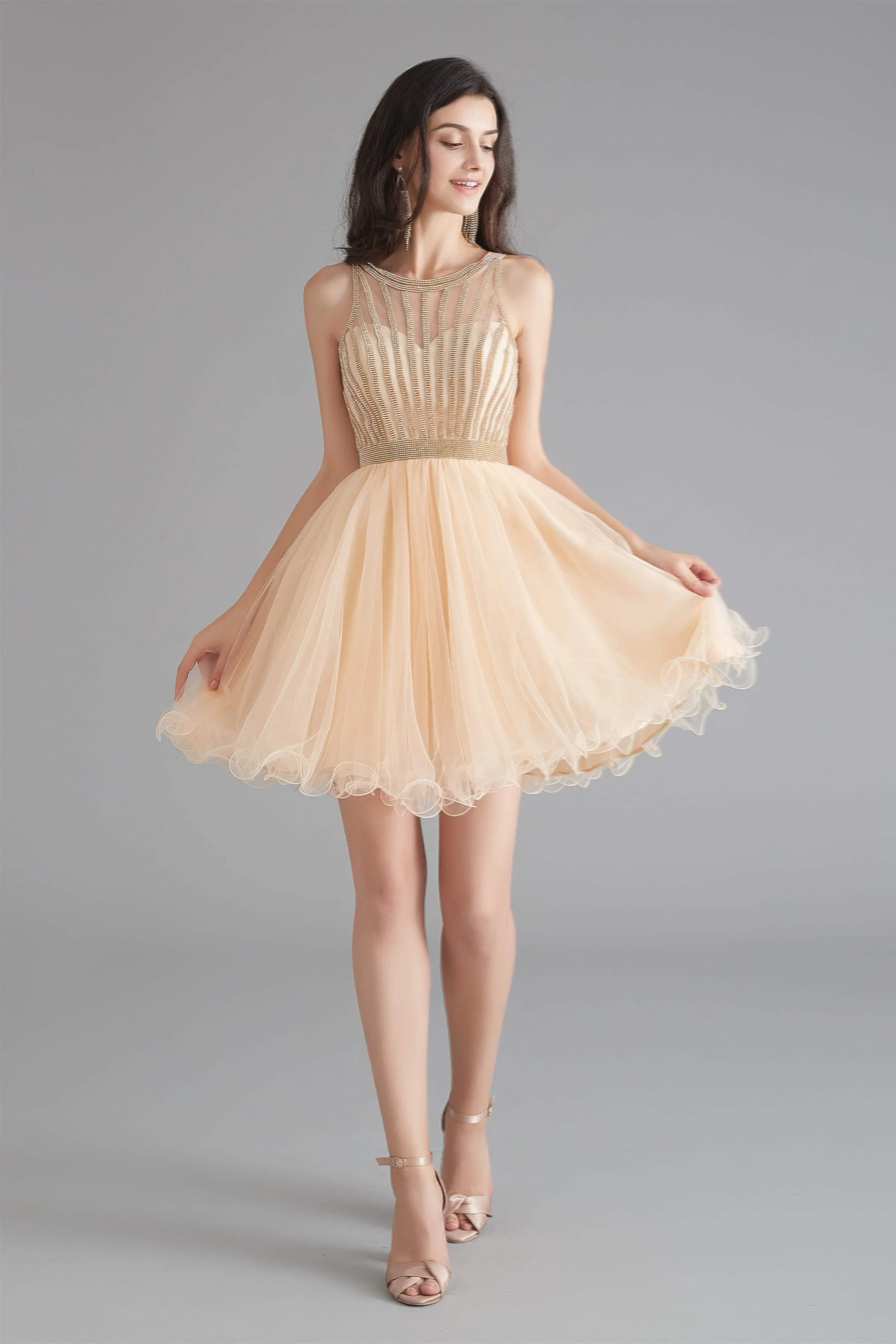 A-Line Tulle Sleeveless Beading Homecoming Dresses