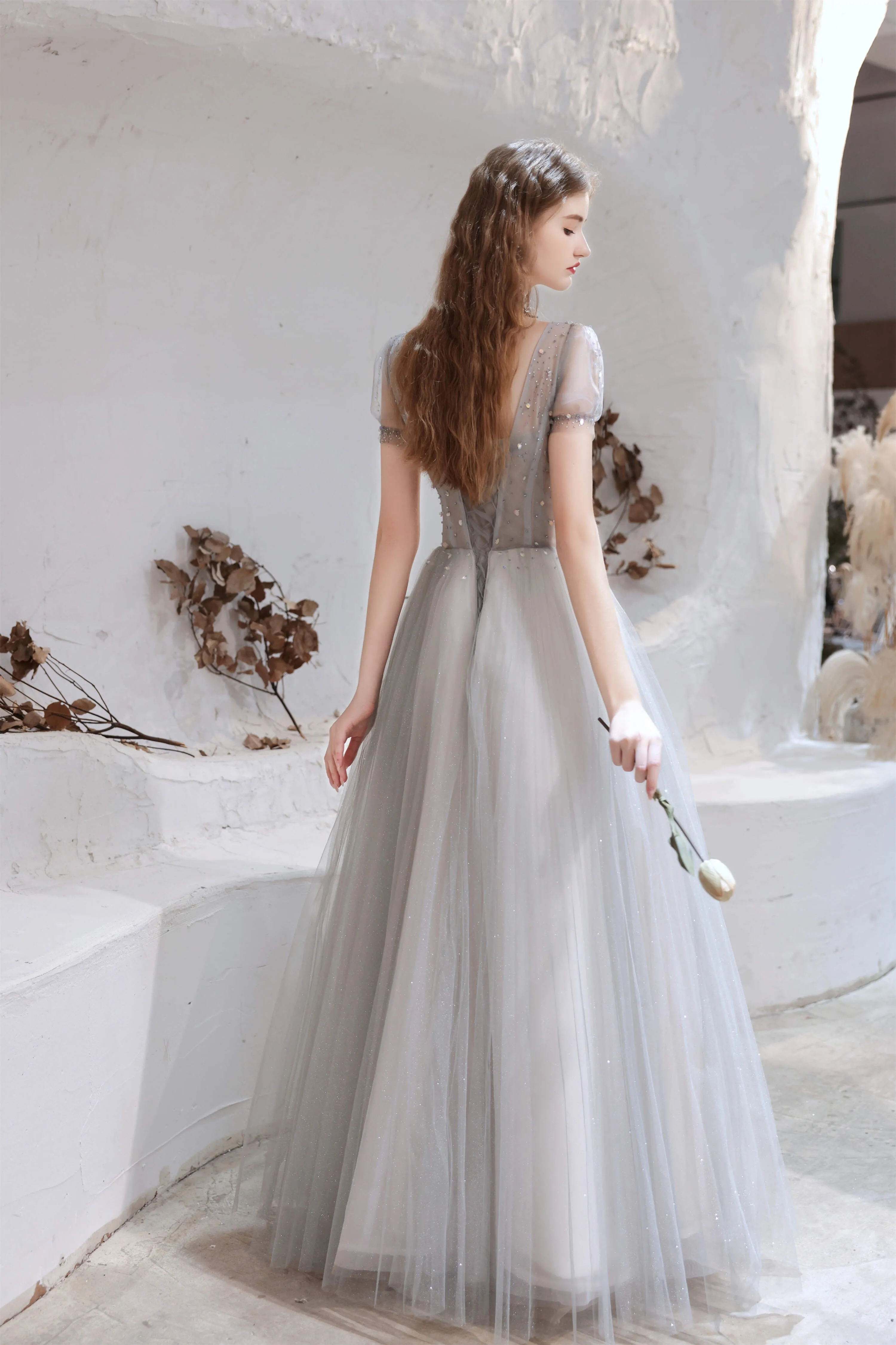 A Line V-Neck Beaded Floor Length Prom Dresses With Short Sleeves