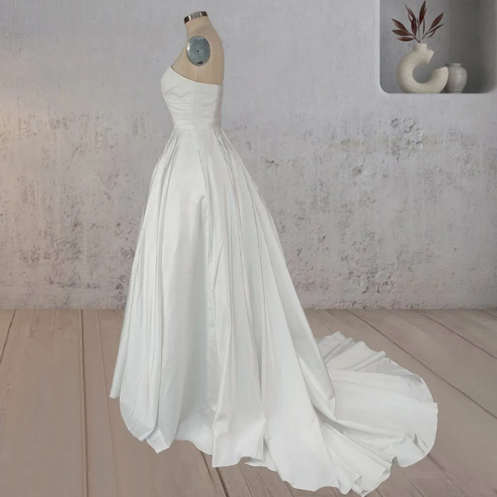 A-Line White Strapless Ruffled Wedding Dresses