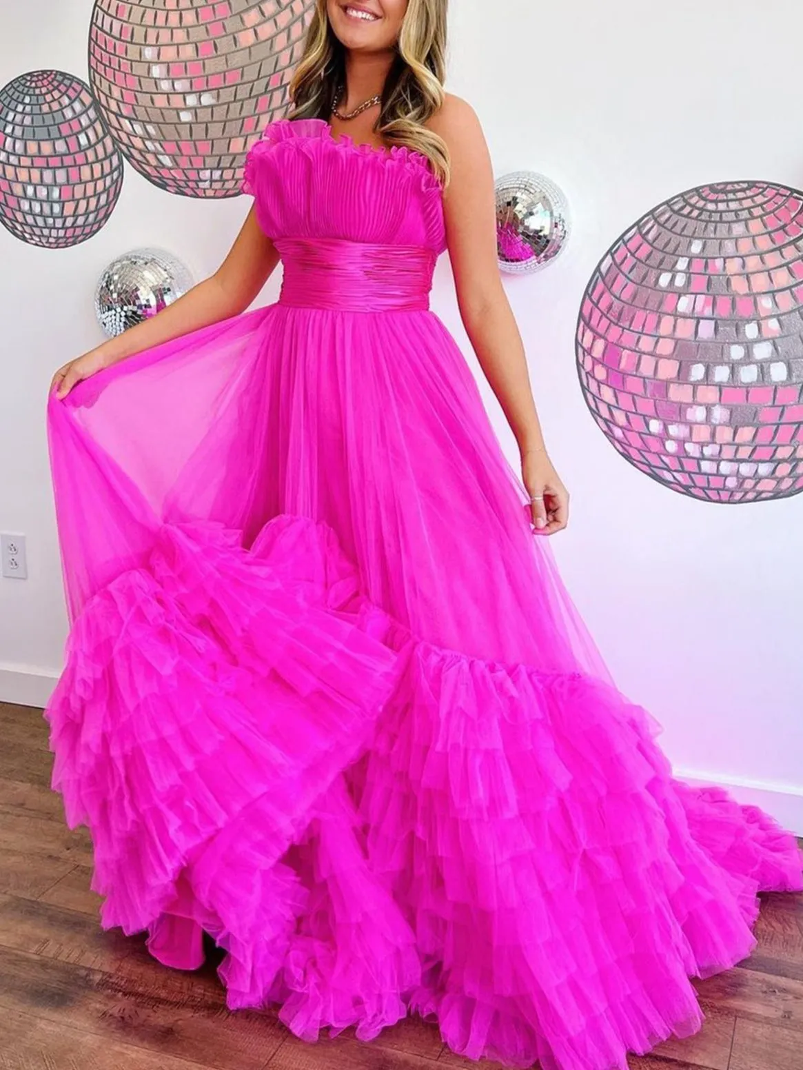 Alani |A-Line Strapless Pink Tiered Long Tulle Prom Dress