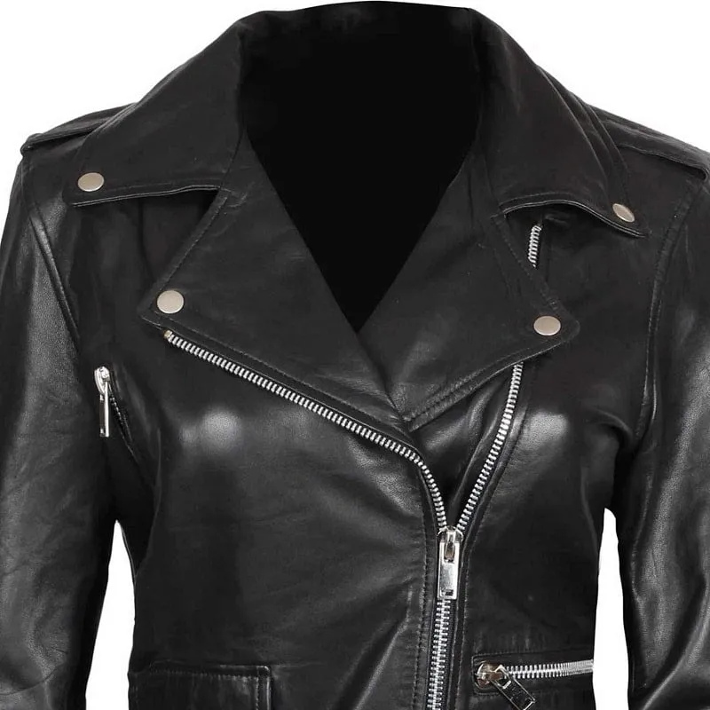 Amber Women Asymmetrical Black Biker Leather Jacket