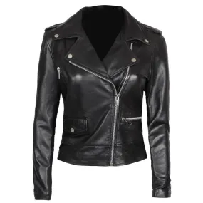 Amber Women Asymmetrical Black Biker Leather Jacket