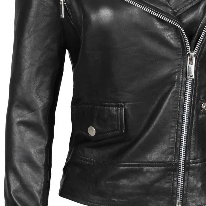 Amber Women Asymmetrical Black Biker Leather Jacket