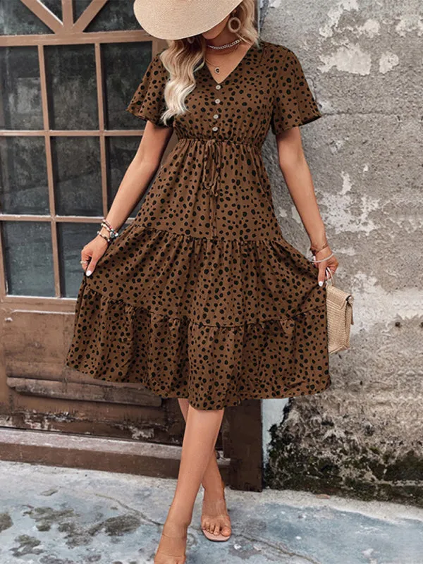 Animal Print Tiered Midi Dress with Tie Waist & Short Sleeves