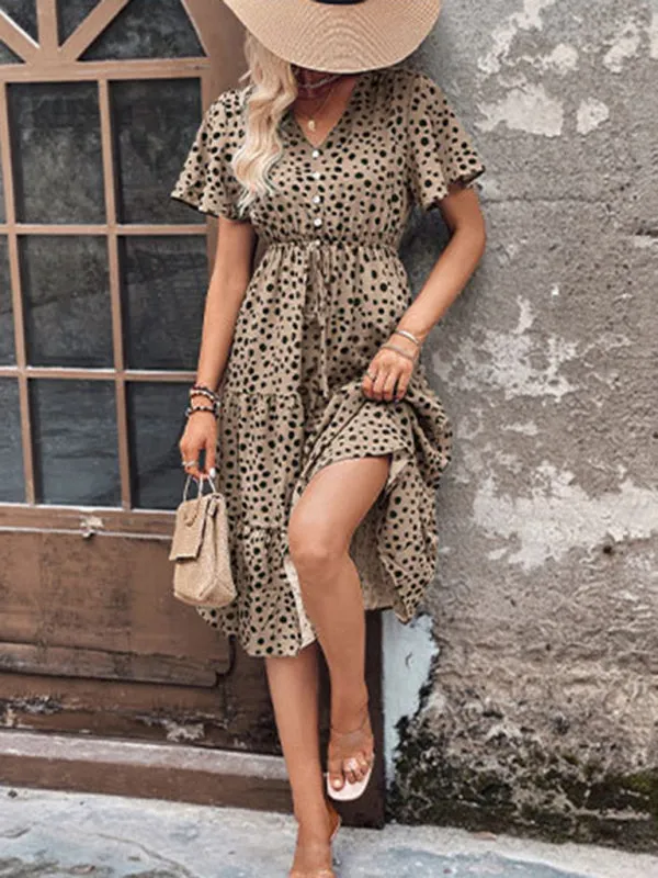 Animal Print Tiered Midi Dress with Tie Waist & Short Sleeves