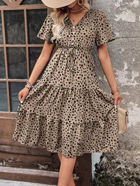 Animal Print Tiered Midi Dress with Tie Waist & Short Sleeves