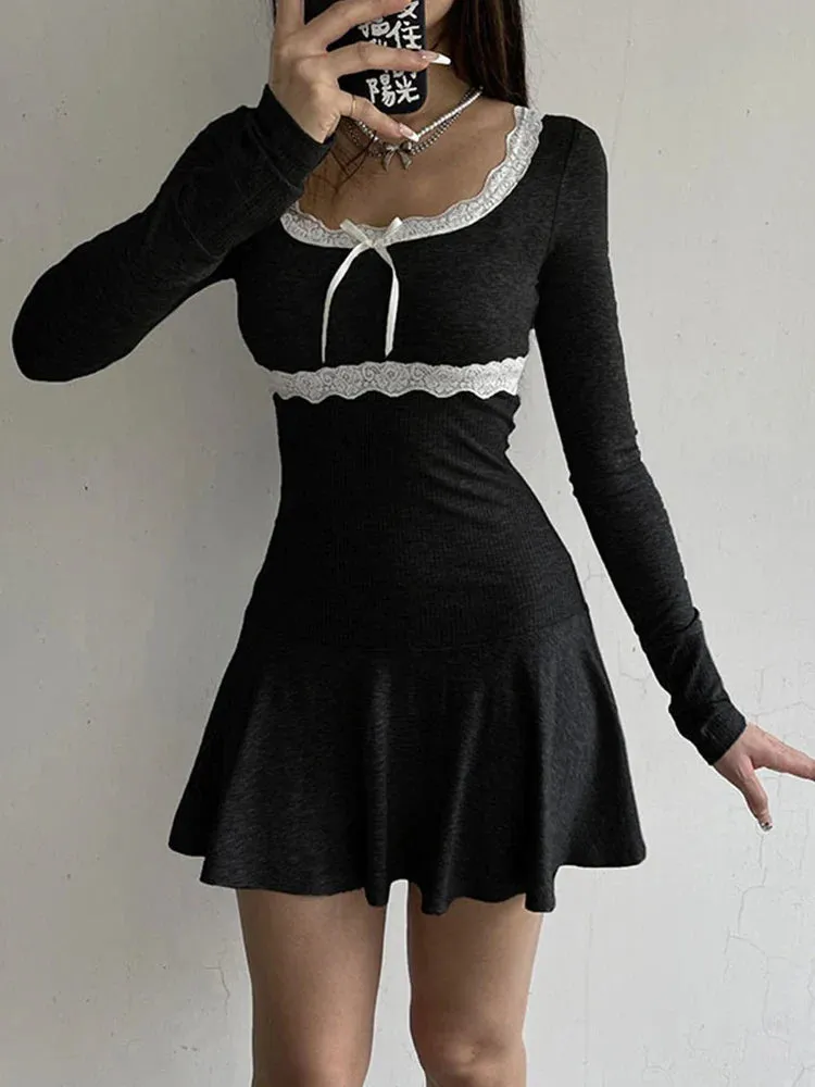 Autumn Sexy Mini Solid Black Long Sleeves Lace Patchwork Bodycon Club Party Dress