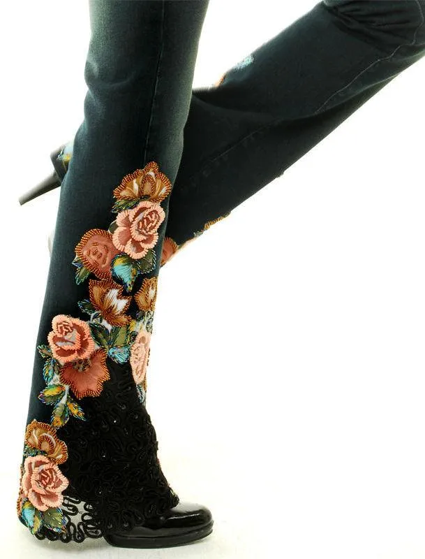 Beaded Floral Embroidered Flared Jeans