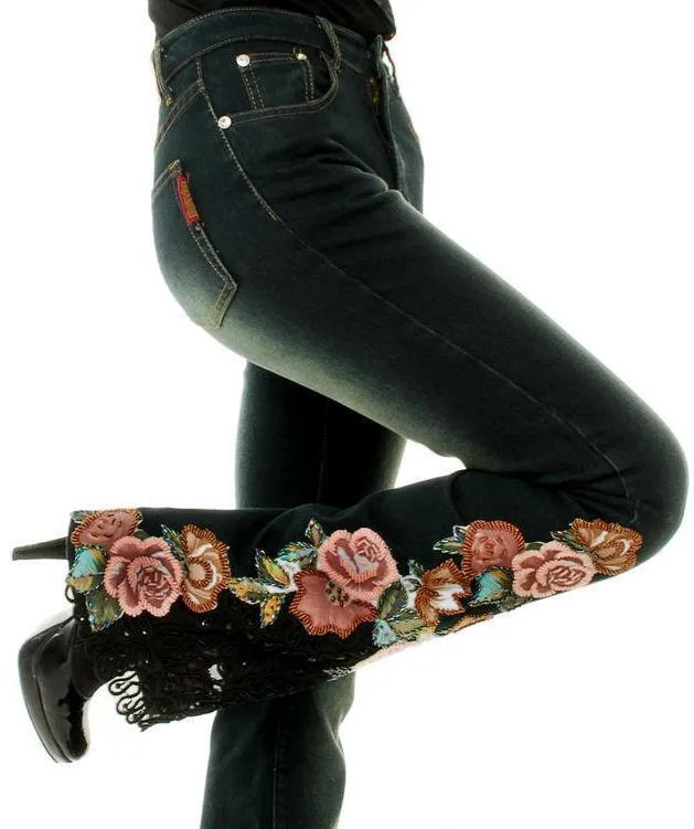 Beaded Floral Embroidered Flared Jeans