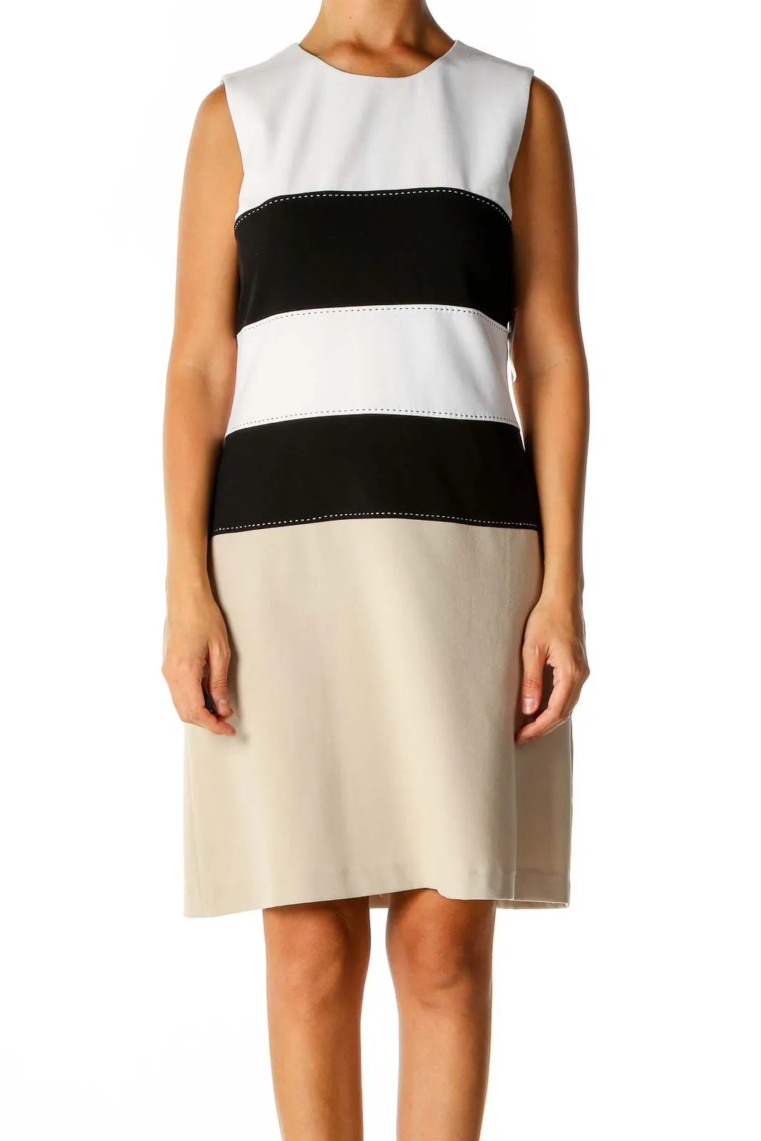 Beige Colorblock Classic A-Line Dress