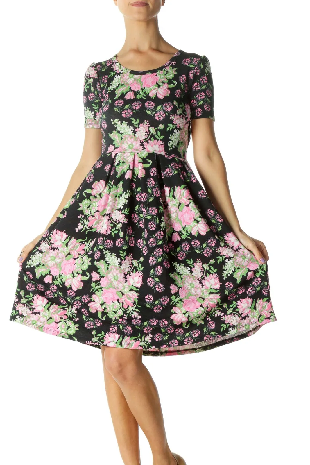 Black and Pink Floral Print A-Line Dress