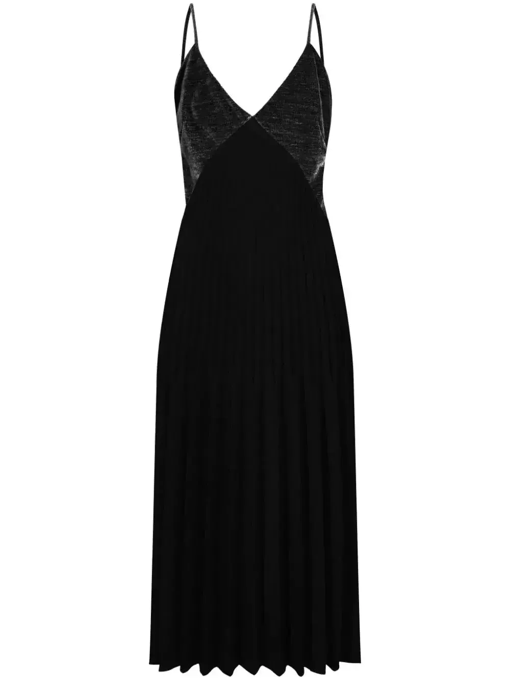 Black Pleated Velvet Sleeveless Midi Dress