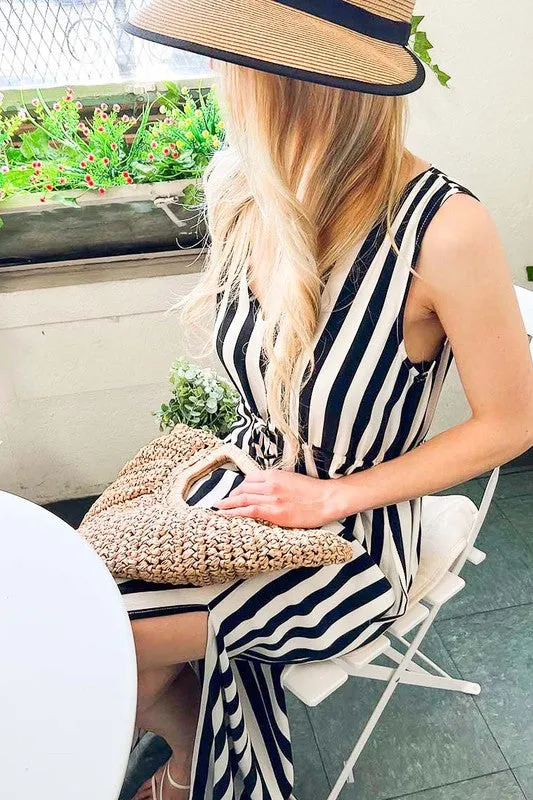 Black V-neck Sleeveless Tie Waist Slit Detail Stripe Maxi Dress