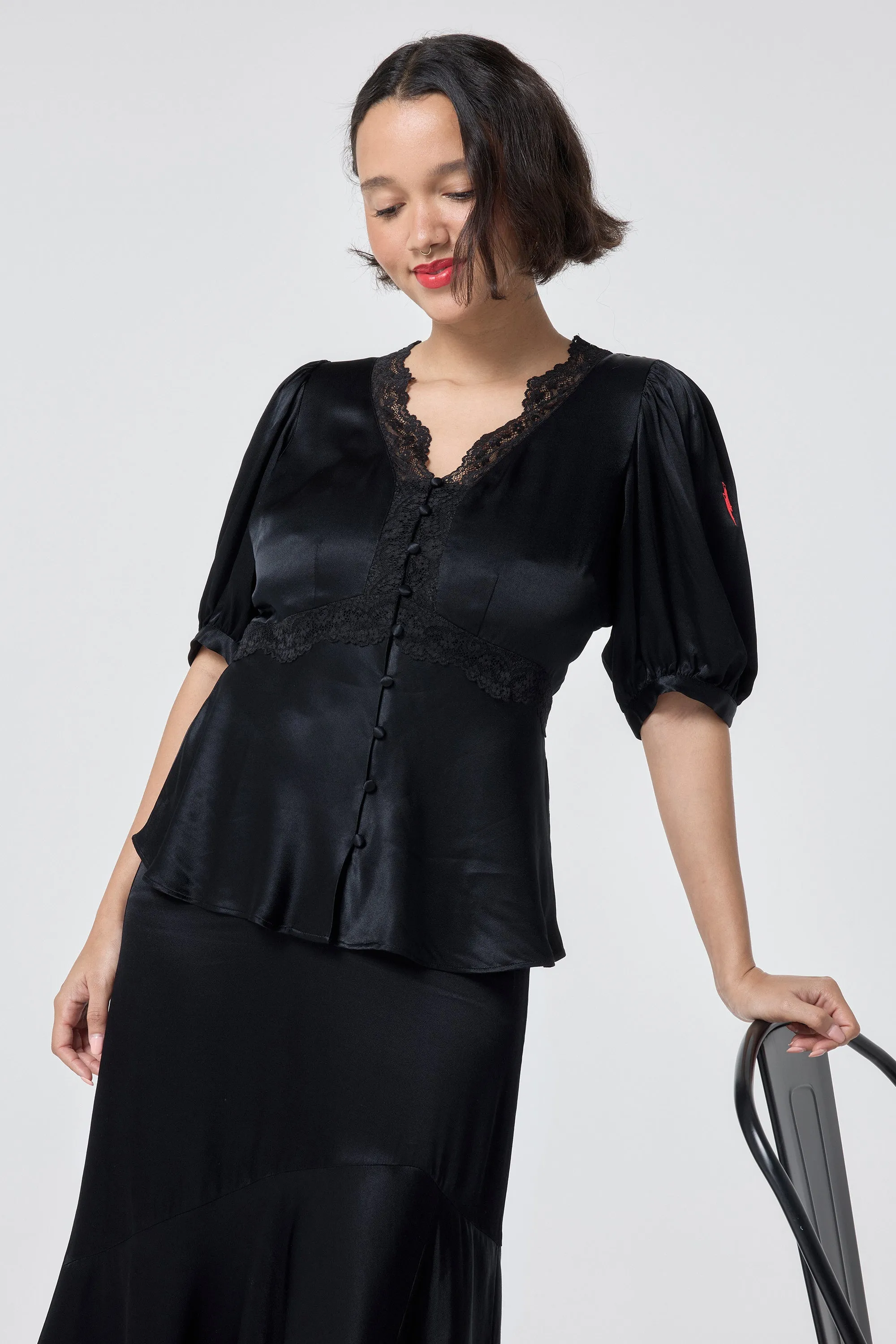 Black with Lace Trim Puff Sleeve Button Through Blouse