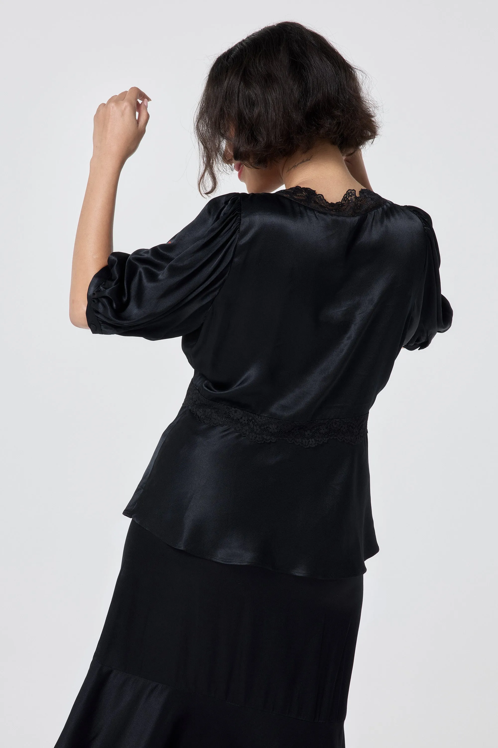 Black with Lace Trim Puff Sleeve Button Through Blouse