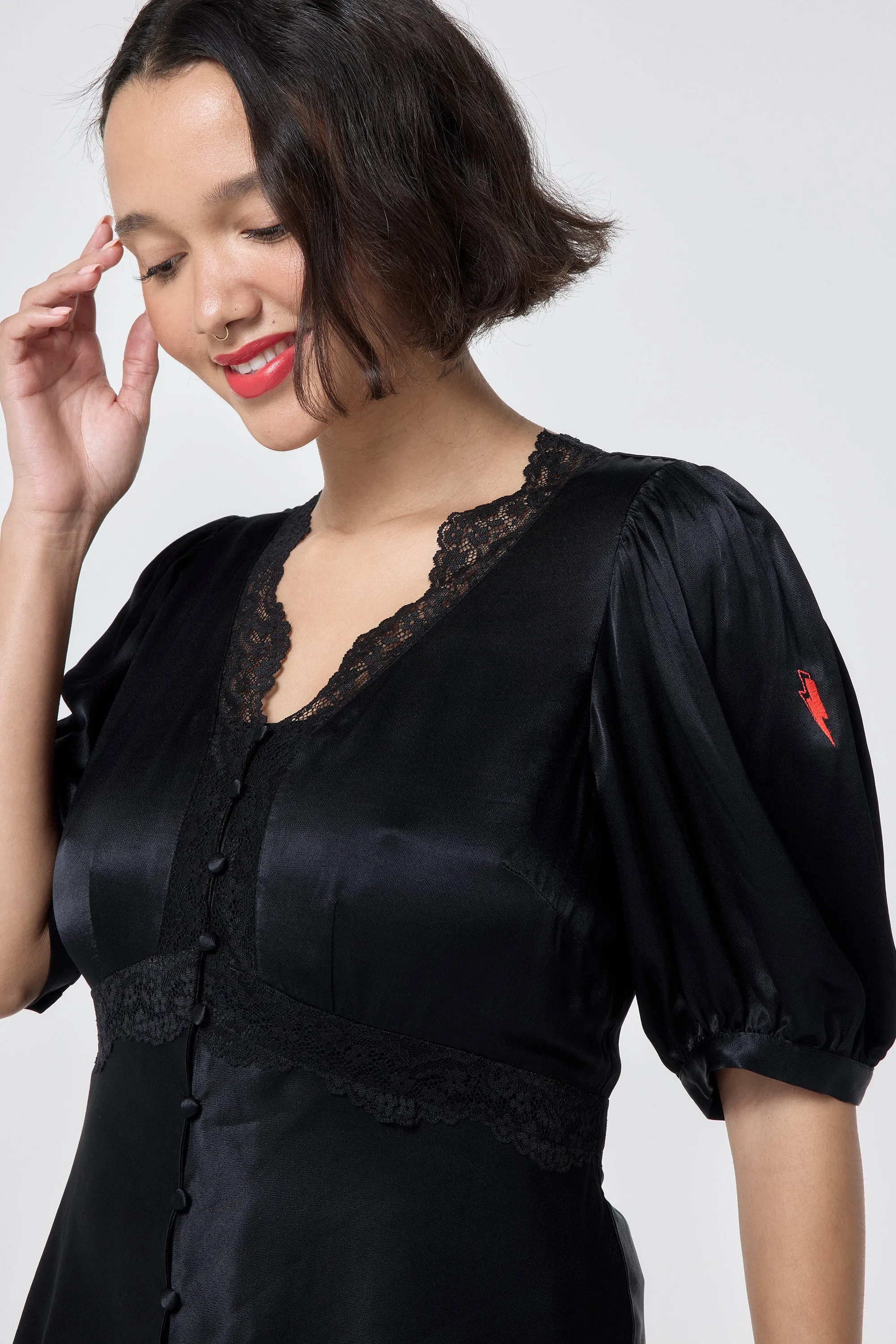 Black with Lace Trim Puff Sleeve Button Through Blouse