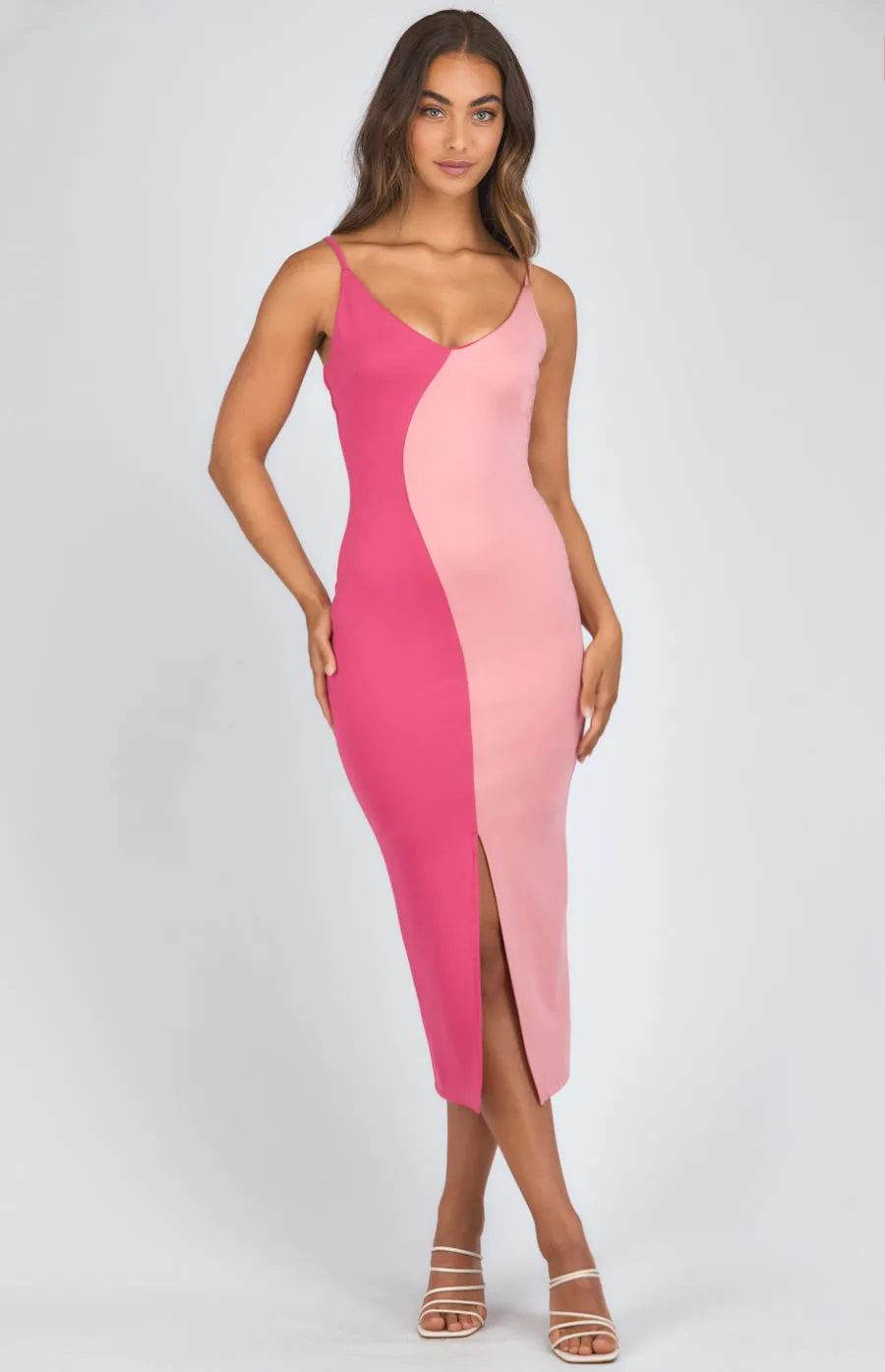 Block Colour Midi Dress With Front Split Detail