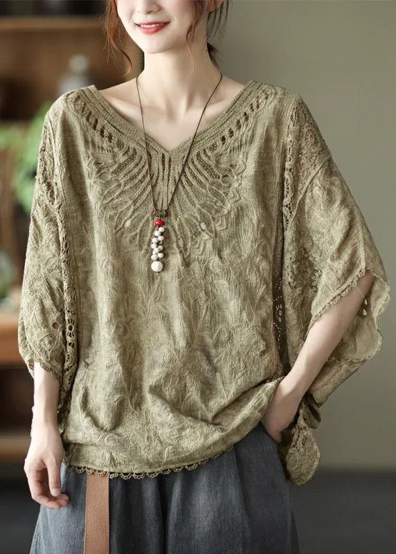 Boho Khaki Cotton V Neck Embroideried Hollow Out Summer Blouses