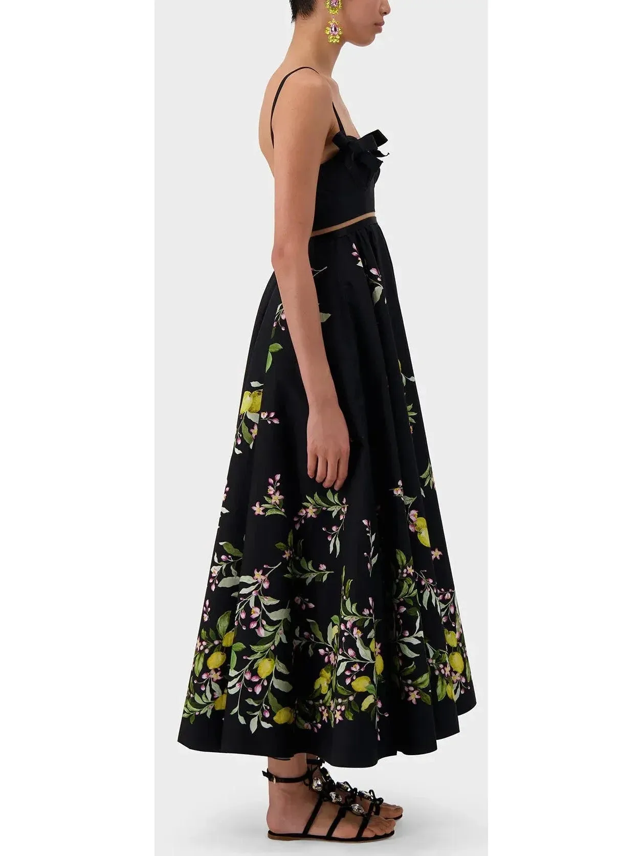 Bow-Detailed Printed Poplin Midi Dress in Black