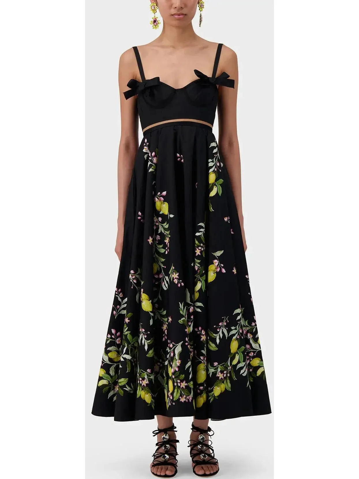 Bow-Detailed Printed Poplin Midi Dress in Black