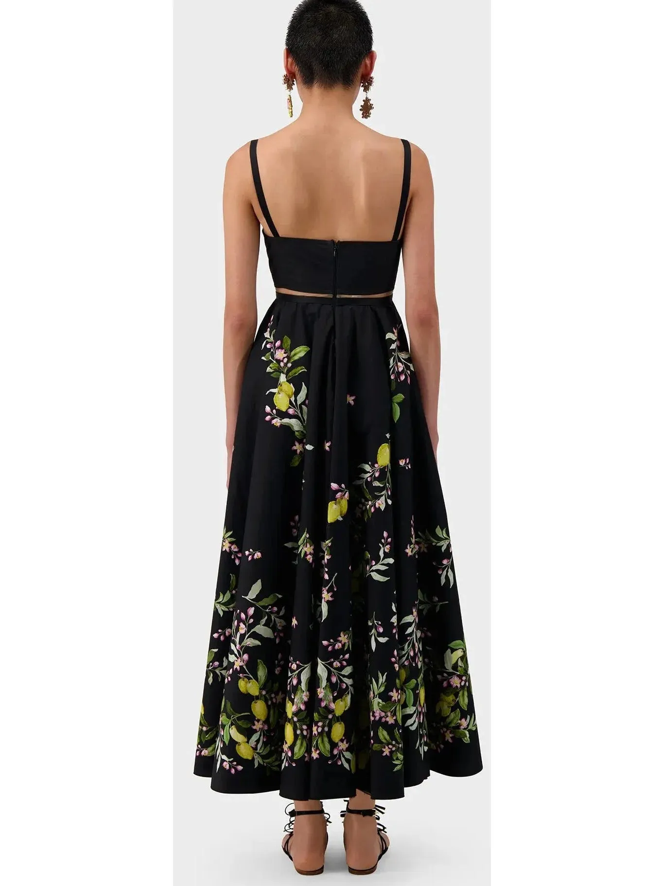 Bow-Detailed Printed Poplin Midi Dress in Black