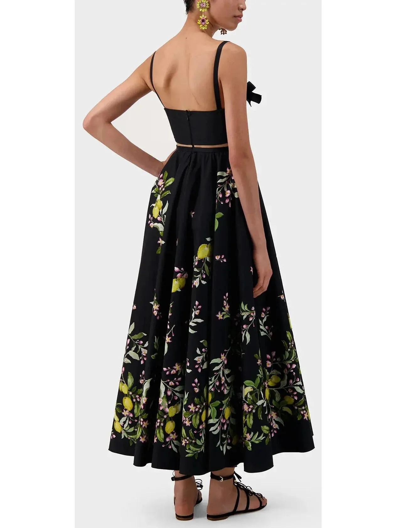 Bow-Detailed Printed Poplin Midi Dress in Black