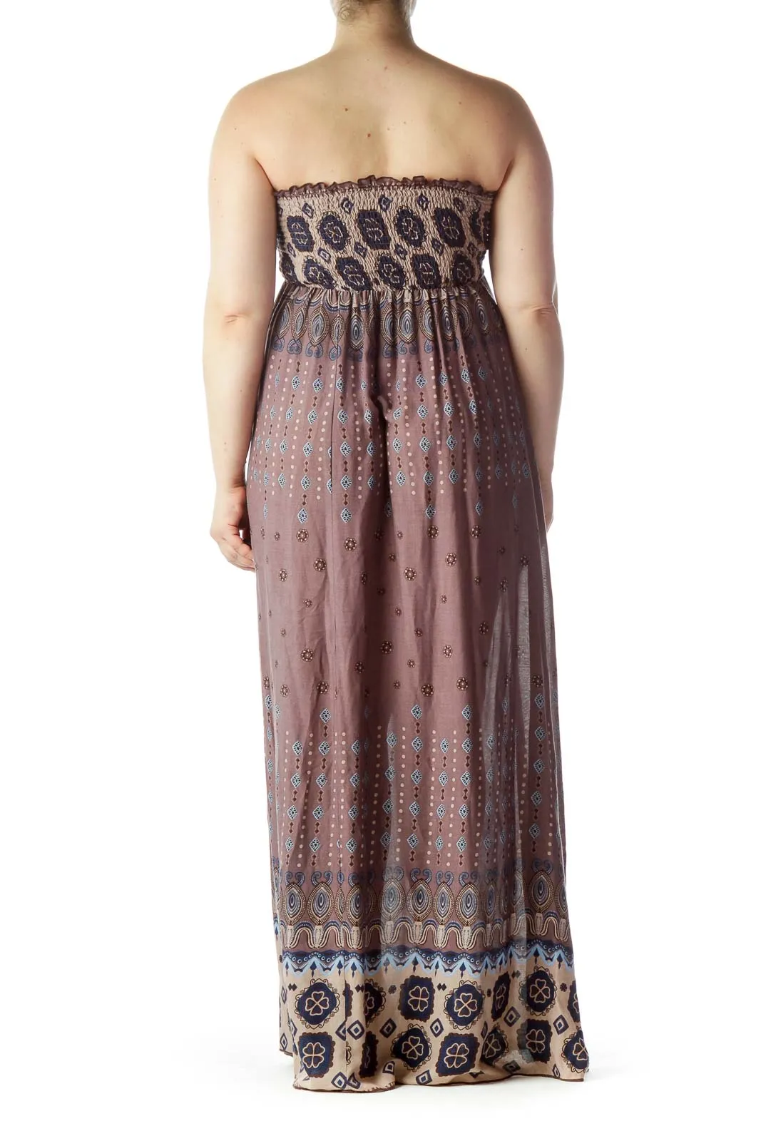 Brown Blue Strapless Printed Maxi Dress