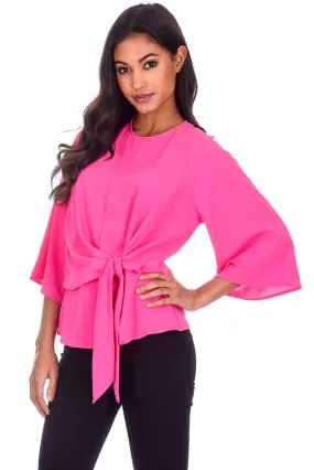 Cerise Flared Sleeve Tie Waist Detail Top