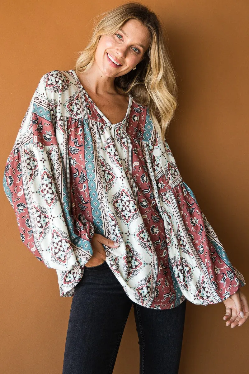 Clementine V-Neck BOHO Fall Printed Top