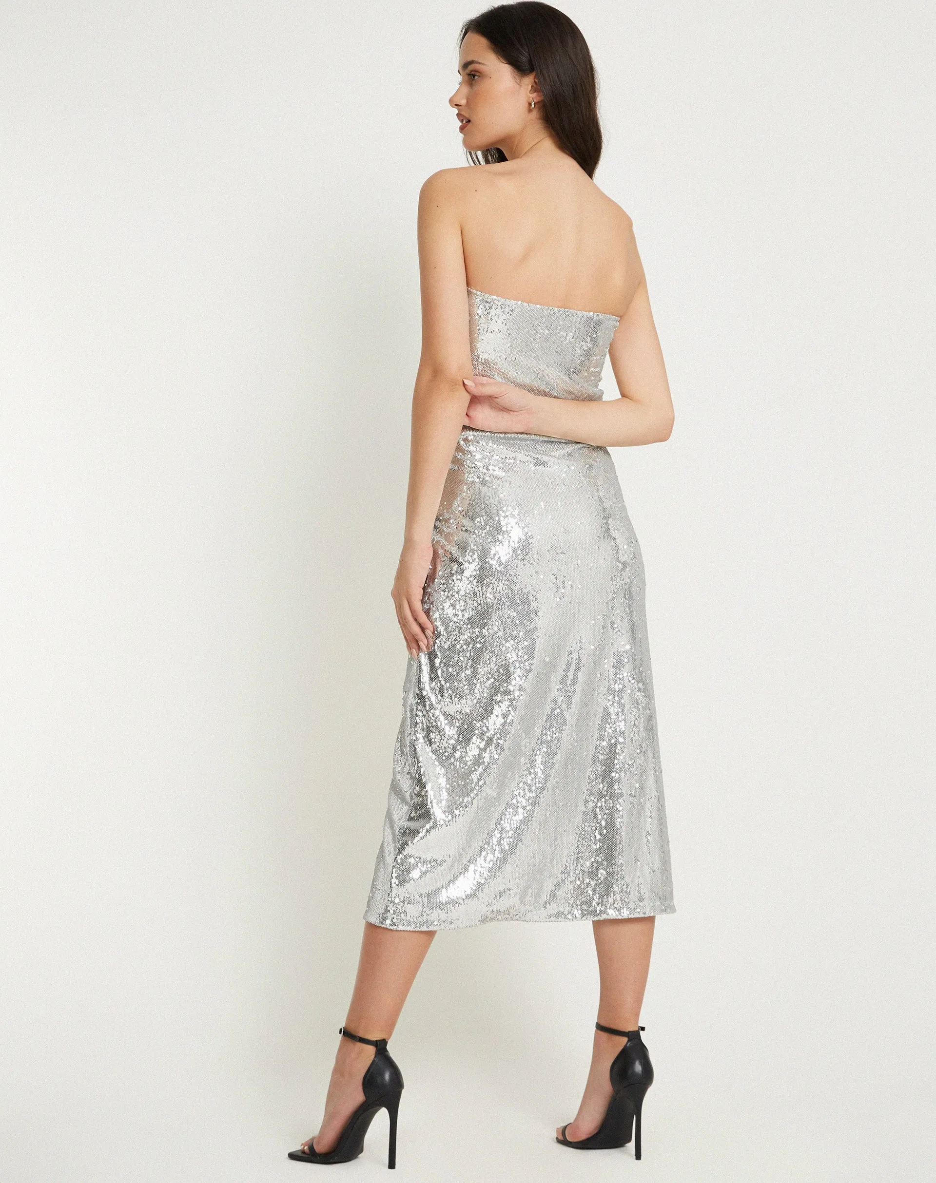 Cleosa Bandeau Maxi dress in Silver Chrome