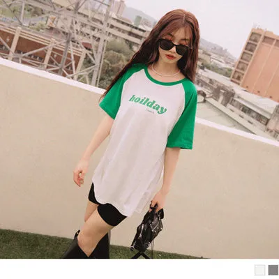 COTTON CONTRAST COLOR SHORT SLEEVE LONGLINE TOPS