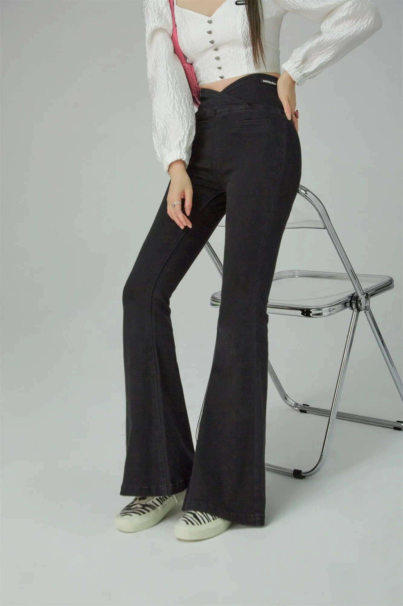 Cross Front High-Waist Flared Jeans