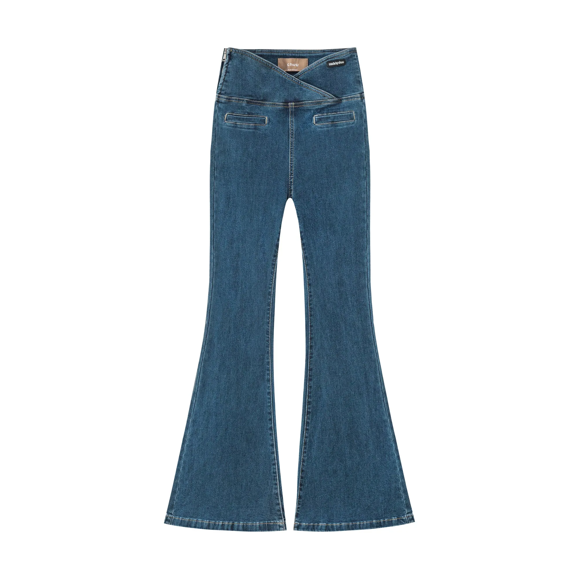 Cross Front High-Waist Flared Jeans