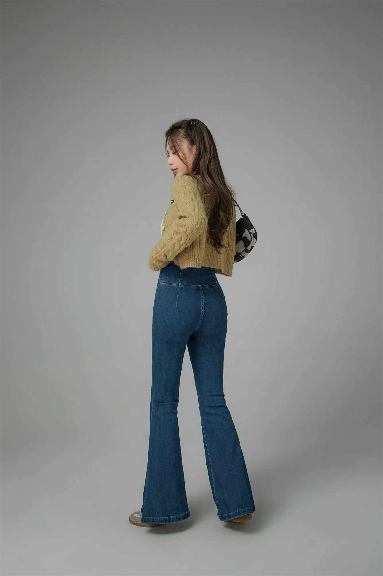 Cross Front High-Waist Flared Jeans