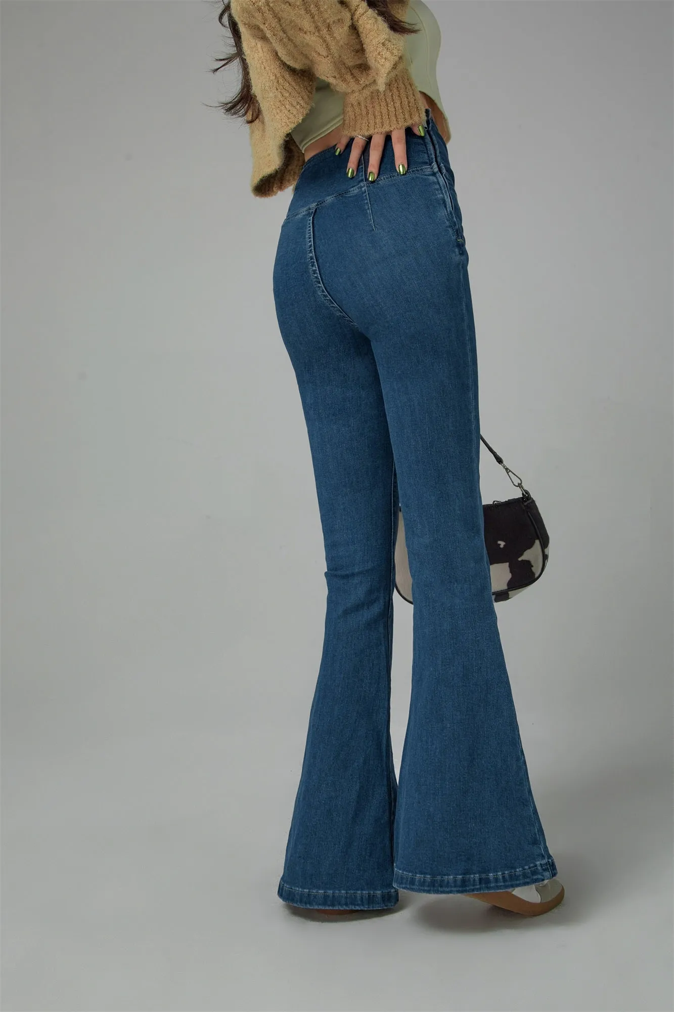 Cross Front High-Waist Flared Jeans