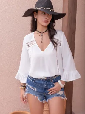 Cutout V-Neck Flounce Sleeve Blouse