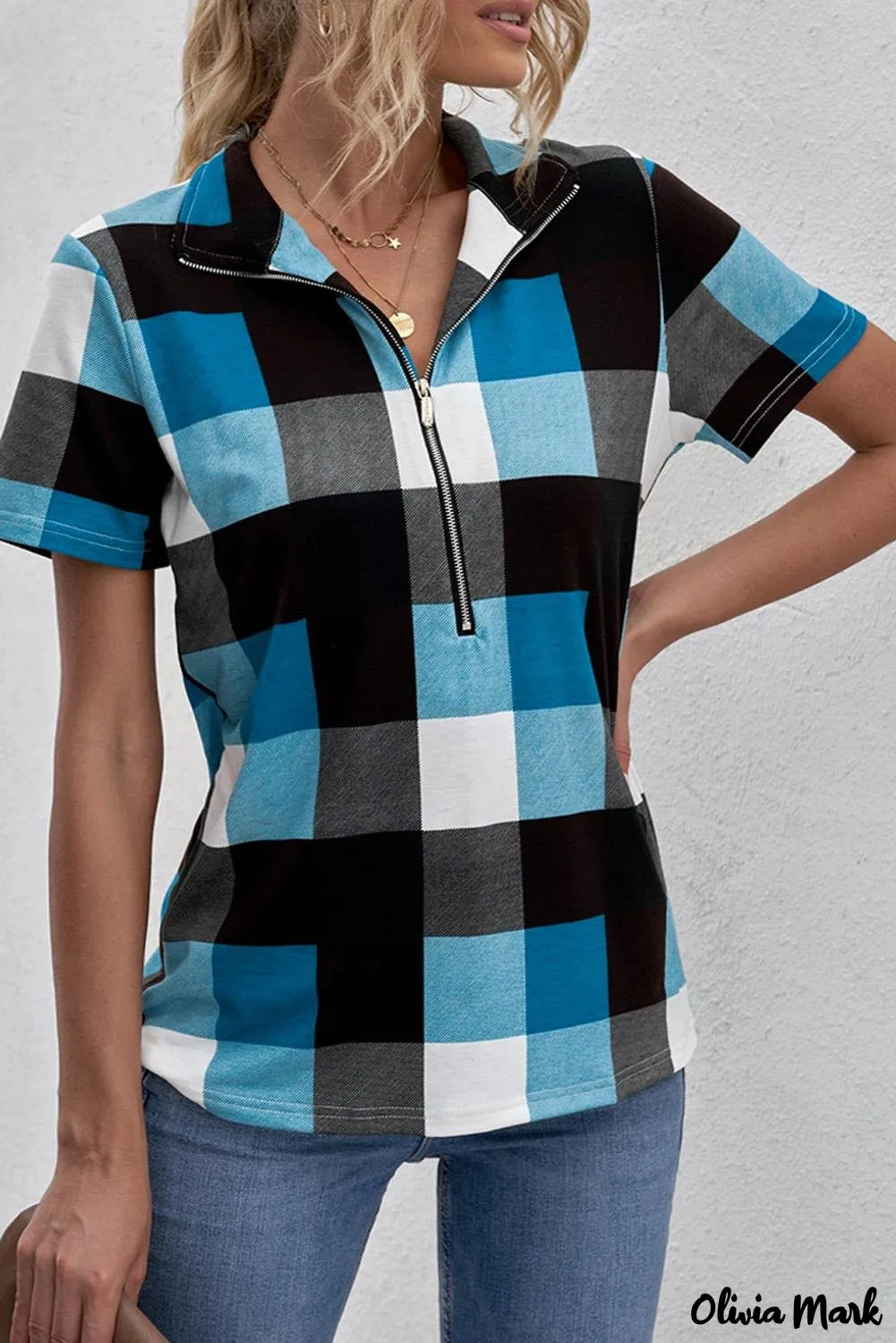 Deanwangkt - Blue Checked Zip V-Neck Short Sleeve Blouse