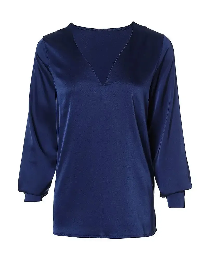 Deanwangkt - V-neck satin top with long sleeves