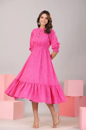 Dotted parallels on Pink Cotton MIDI Dress