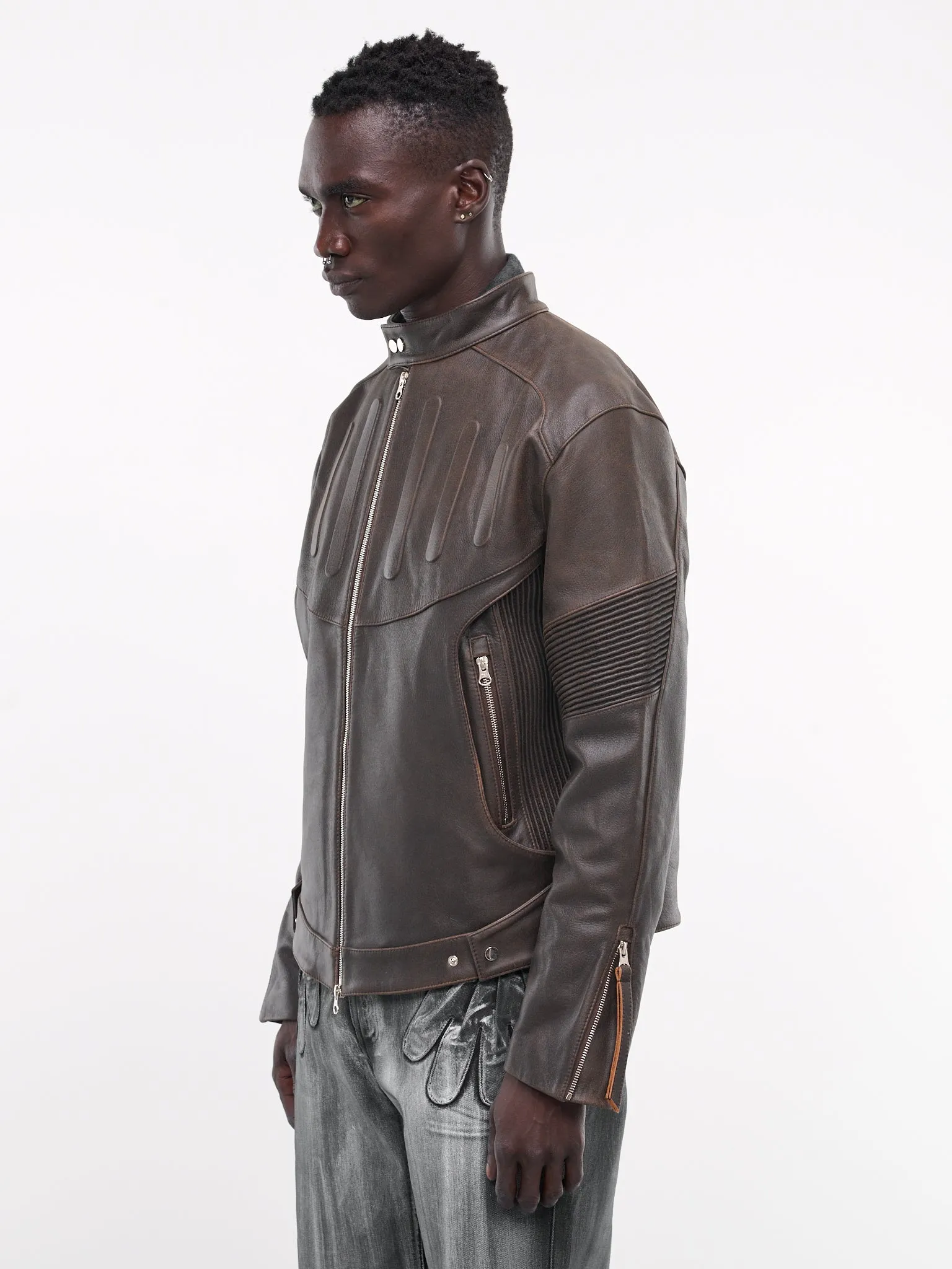 Embossed Leather Biker Jacket (J10-EMBOSSED-BROWN)